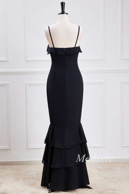 Black Spaghetti Strap Ruffle Multi-Layer Maxi Dress