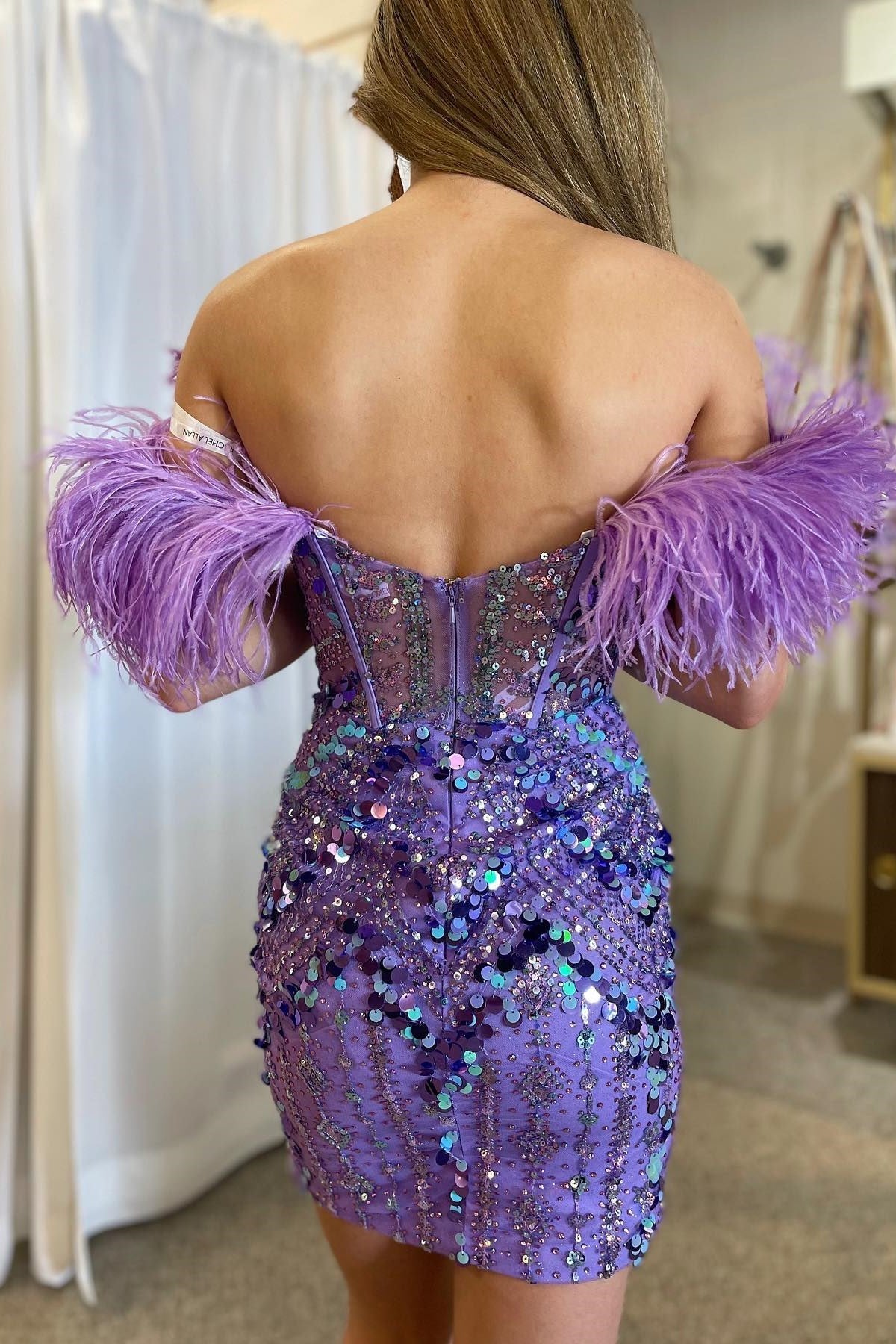 Lavender Sequin-Embroidery Short Party Dress with Feathers