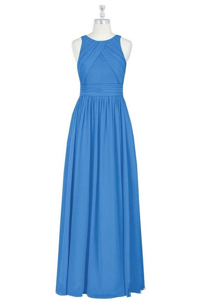 Blue Crew Neck Sleeveless A-Line Long Maid of Honor Dress