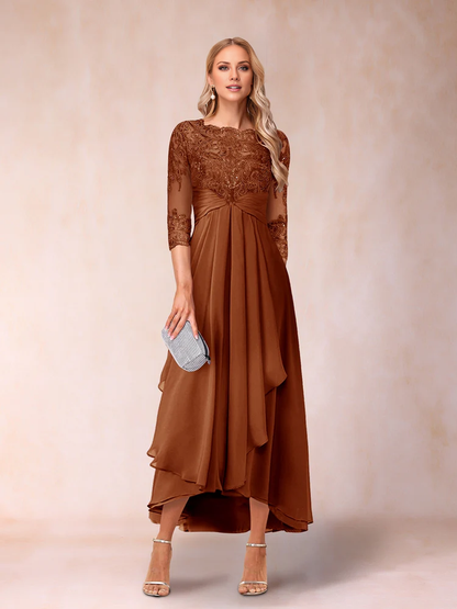 A-line princess transparent collar 3/4 sleeve length with bead and decal mother of the bride dress