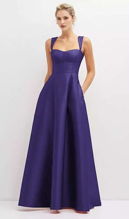 Pocket tie back tight corset satin and floor length Prom dress