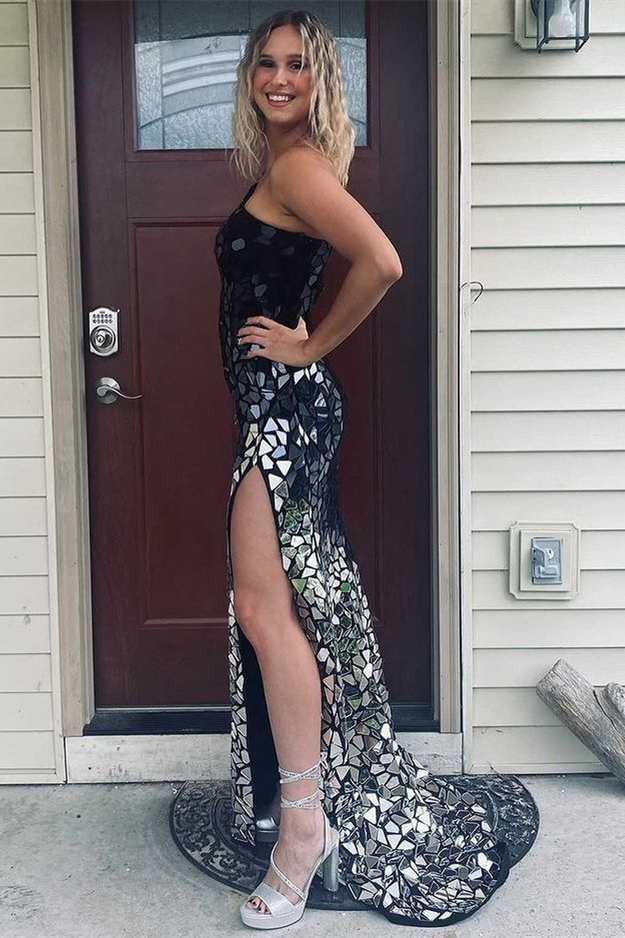 Red Cut Glass Mirror One-Shoulder Prom Dress with Slit