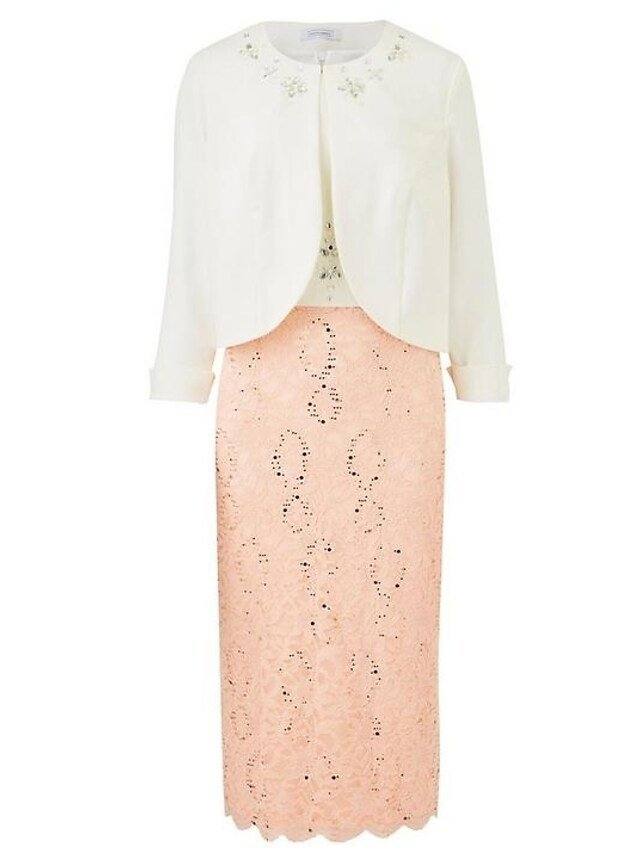 Sheath / Column Mother of the Bride Dress Elegant Jewel Neck Tea Length Lace Stretch Satin 3/4 Length Sleeve with Lace Beading Appliques - RongMoon