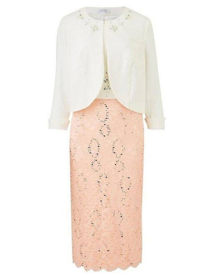 Sheath / Column Mother of the Bride Dress Elegant Jewel Neck Tea Length Lace Stretch Satin 3/4 Length Sleeve with Lace Beading Appliques - RongMoon