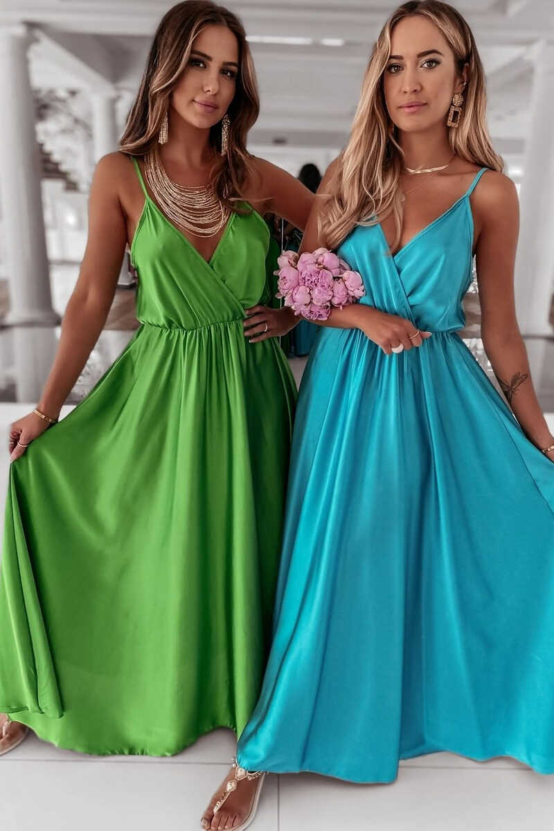 Pink Wrap Spaghetti Straps A-Line Long Bridesmaid Dress