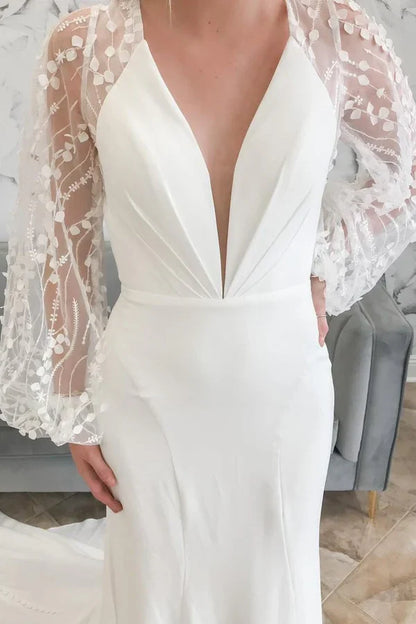 Ivory  V Mermaid Long Wedding Dress with Balloon Sleeves