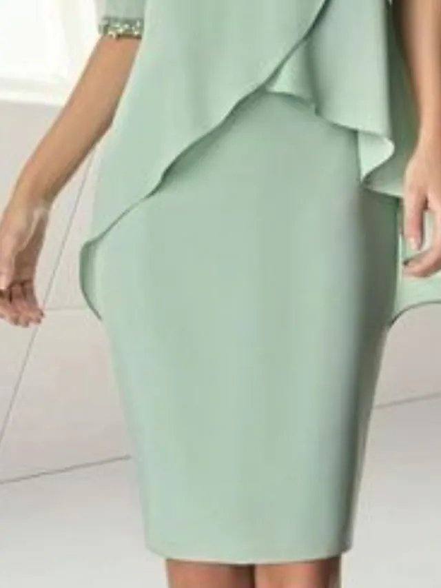 Sheath / Column Mother of the Bride Dress Elegant Jewel Neck Knee Length Chiffon Half Sleeve with Beading Ruching - RongMoon