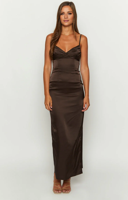 Jimiss Sweetheart Collar Thin Shoulder Strap Bareback Satin Side Split Long Prom Dress