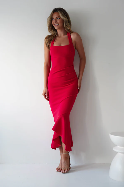 Hanging neck neckline off shoulder lotus leaf edge design Prom dress - Jimiss Dress