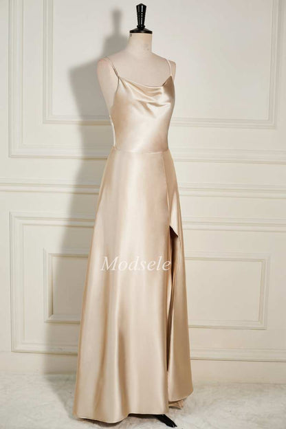 Champagne Cowl Neck A-Line Long Dress with Spaghetti Straps