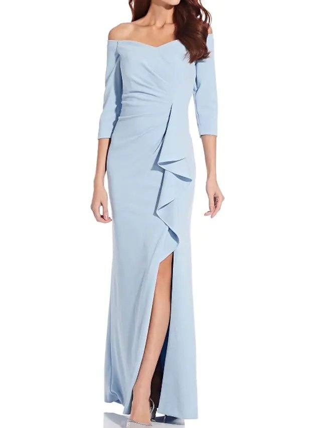Sheath / Column Mother of the Bride Dress Elegant Off Shoulder Floor Length Satin 3/4 Length Sleeve with Split Front Ruching - RongMoon