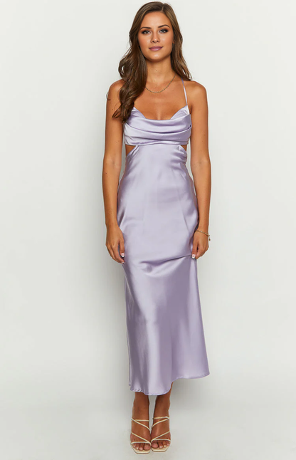 Jimiss collar neckline thin shoulder strap backless satin long Prom dress