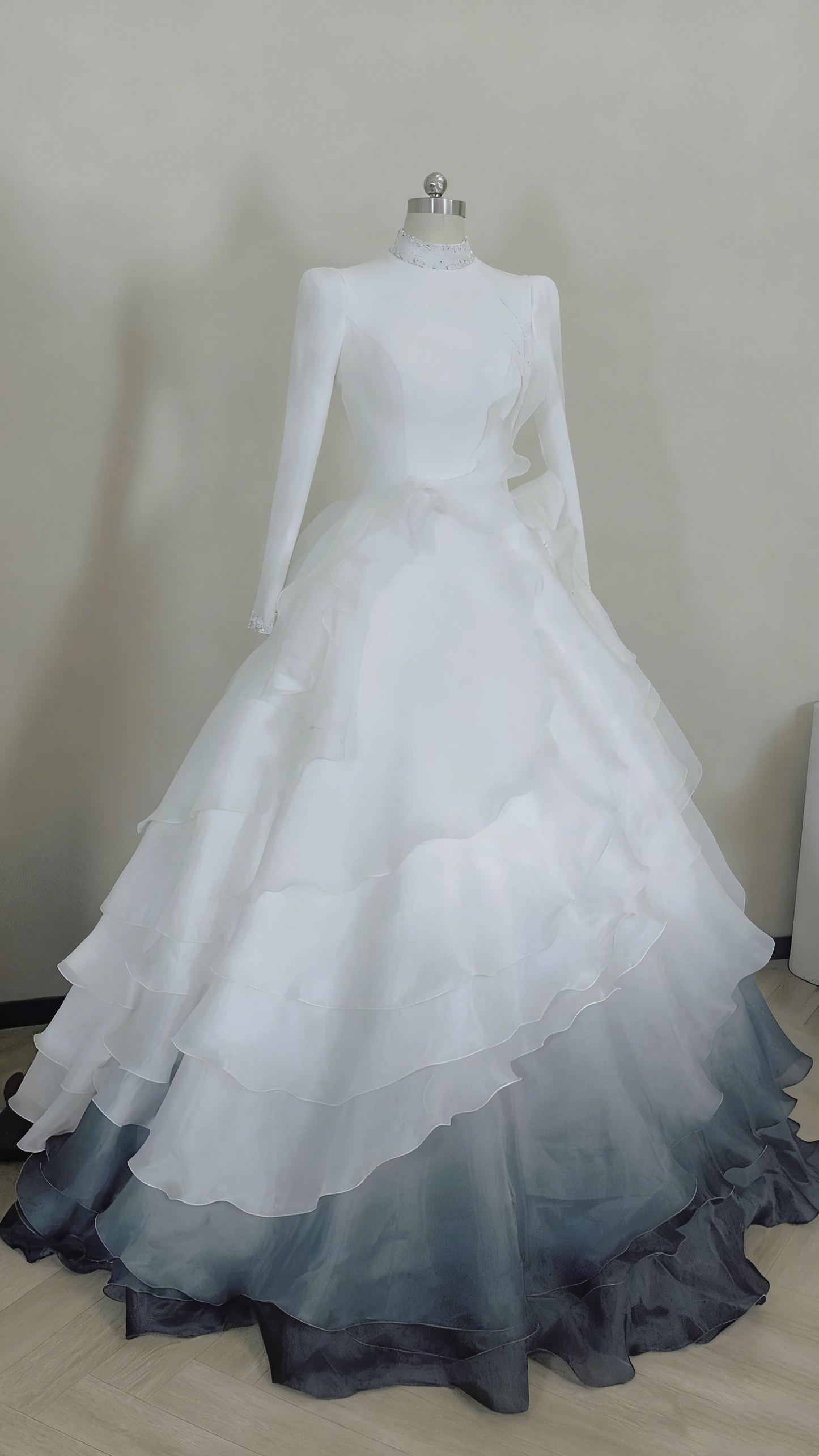 Formal Dress White-Blue Gradient Tulle High-Neck Long-Sleeve Tiered Train Gown Wedding Dress  gh6390