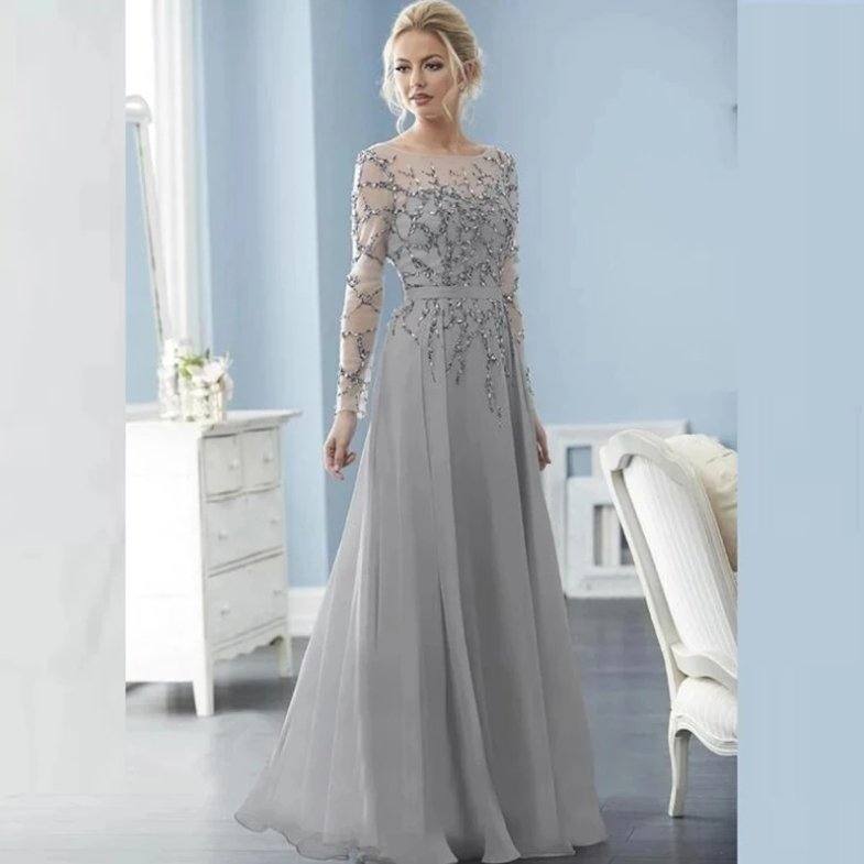 Silver Mother Of The Bride Dresses A-line Long Sleeves Chiffon Beaded Backless Plus Size Long Groom Mother Dresses Wedding - RongMoon