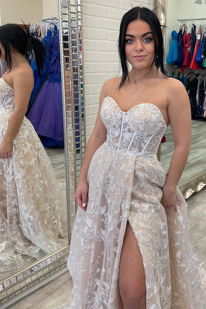 Sparkle Princess Bustier Puff Sleeve Lace Long Prom Dress Detachable Sleeves Evening Dress c2486