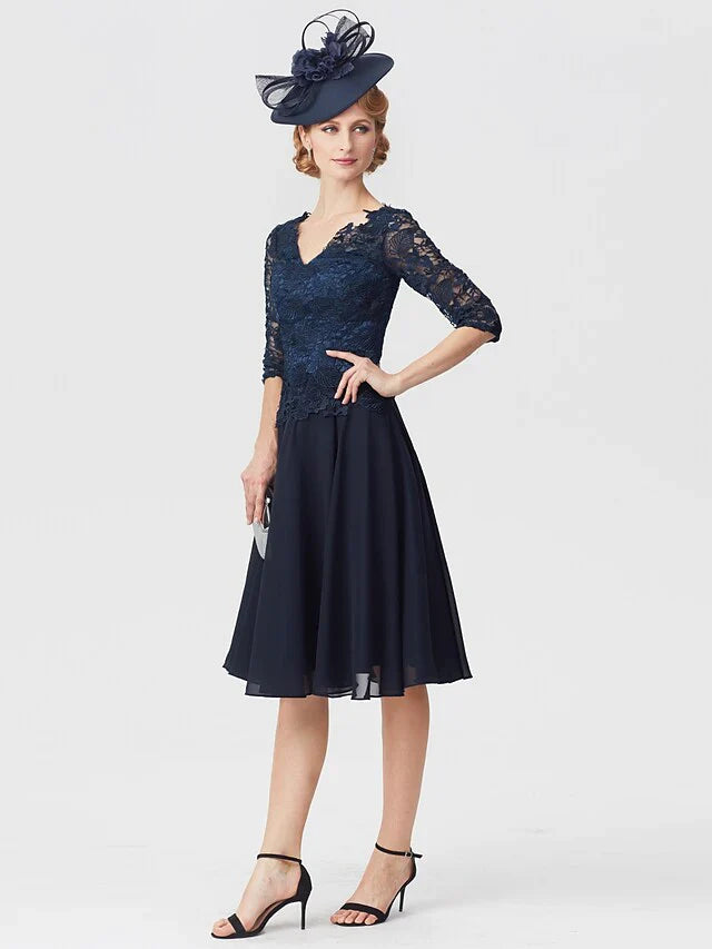 Mother of the Bride Dress Elegant V Neck Knee Length Chiffon Sheer Lace Half Sleeve with Lace