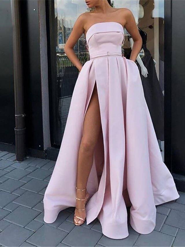 A-Line Minimalist Sexy Wedding Guest Prom Dress Strapless Sleeveless Floor Length Lace Tulle with Pleats Split - RongMoon