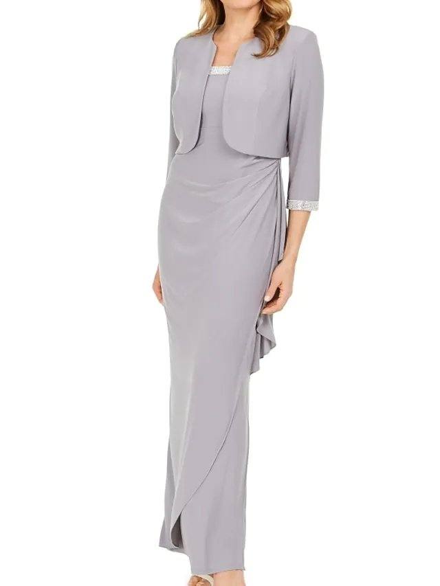 Sheath / Column Mother of the Bride Dress Elegant Square Neck Floor Length Chiffon 3/4 Length Sleeve with Beading Split Front - RongMoon