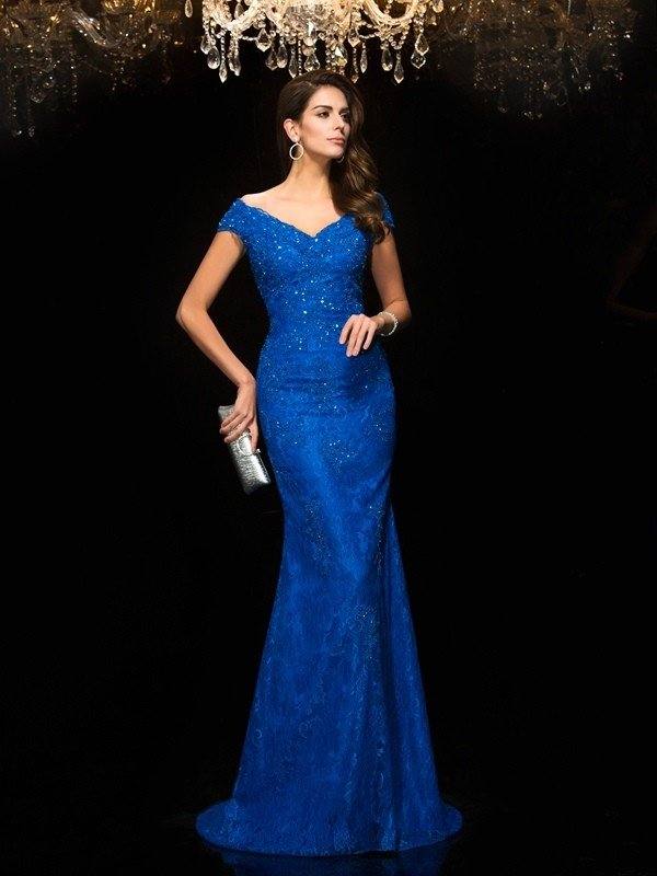 Trumpet/Mermaid V-neck Lace Sleeveless Long Lace Mother of the Bride Dresses - RongMoon