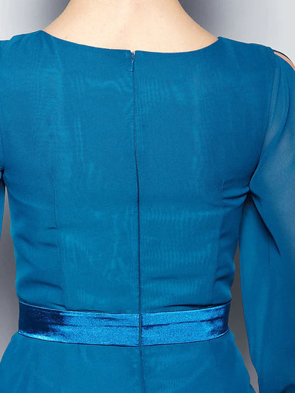 Mother of the Bride Dress Vintage Inspired Jewel Neck Floor Length Chiffon Long Sleeve with Sash Ribbon Flower