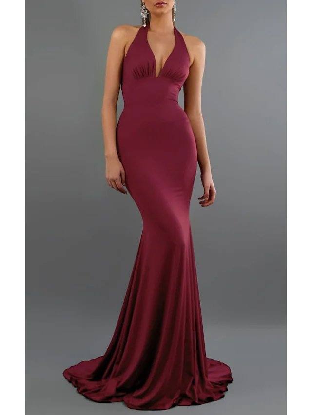 Mermaid / Trumpet Beautiful Back Sexy Wedding Guest Formal Evening Dress Halter Neck Sleeveless Sweep / Brush Train Spandex with Bow(s) - RongMoon