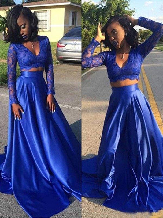 A-Line/Princess V-neck Long Sleeves Sweep/Brush Train Lace Satin Two Piece Dresses - RongMoon