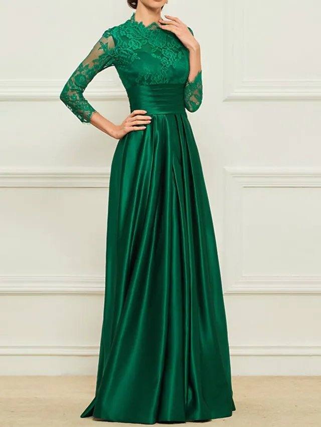 Sheath / Column Mother of the Bride Dress Elegant High Neck Floor Length Lace Satin 3/4 Length Sleeve with Sash / Ribbon Appliques - RongMoon