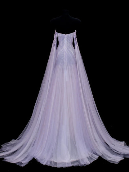 Fairy Luxury Dreamy Style Light Purple Tulle Strapless Train Gown - Starlight Theme Dinner & Ball Dress gh6562