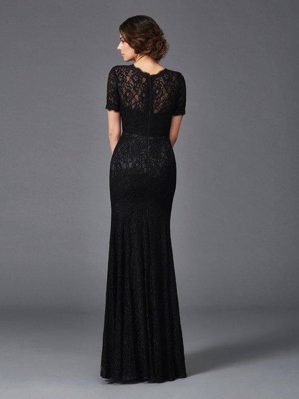 Sheath/Column Jewel Lace Short Sleeves Long Elastic Woven Satin Mother of the Bride Dresses - RongMoon