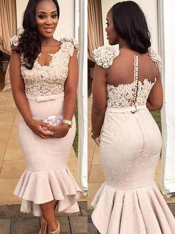 Trumpet/Mermaid Sleeveless V-neck Satin Beading Asymmetrical Dresses - RongMoon