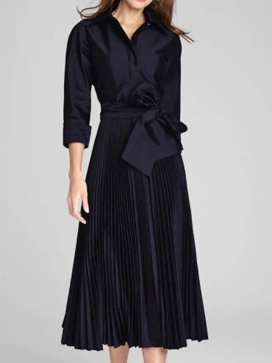 A-Line Mother of the Bride Dress Elegant Queen Anne Ankle Length Satin Long Sleeve with Bow(s) Pleats - RongMoon