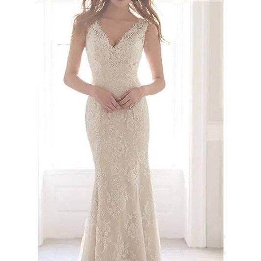 Sheath / Column Wedding Dresses V Neck Sweep / Brush Train Lace Sleeveless Romantic with Appliques - RongMoon
