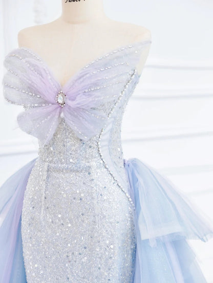 🦋Blue Butterfly Gorgeous Shiny Elegant Sequined Long Mermaid Tulle Ball Gown Evening Dress gh4272