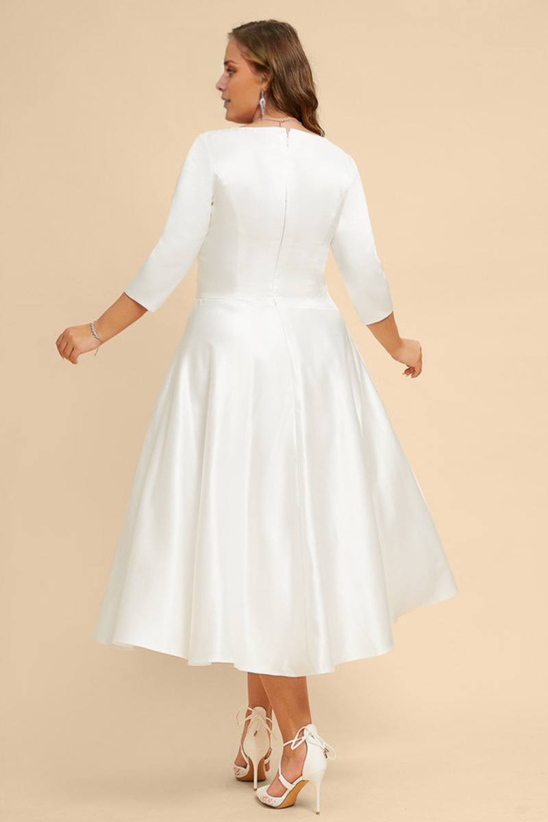 A-line V-neck tea 3/4 sleeve satin wedding dress