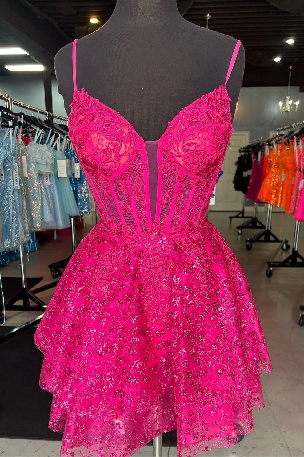 Sea Glass Tulle Lace Multi-Layer Short Gown with Spaghetti Straps