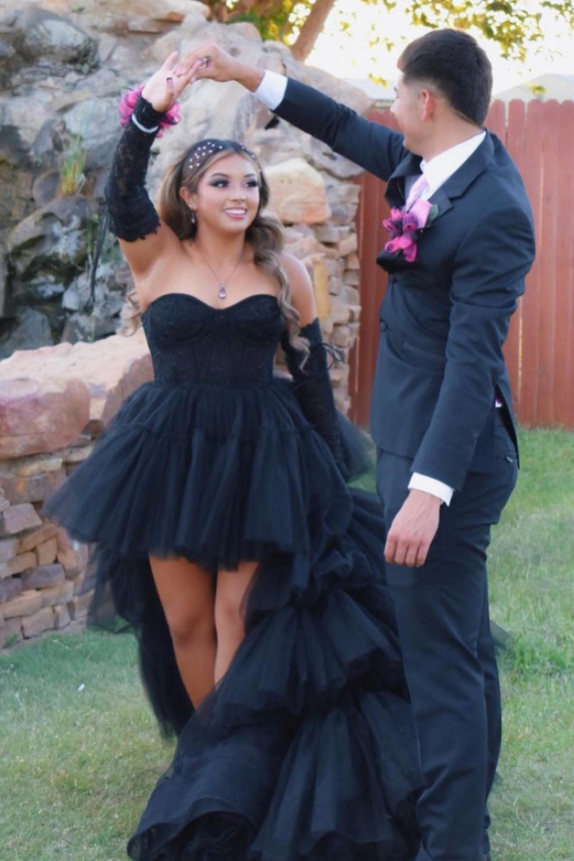 Hot Pink Lace Corset Tiered High-Low Prom Gown