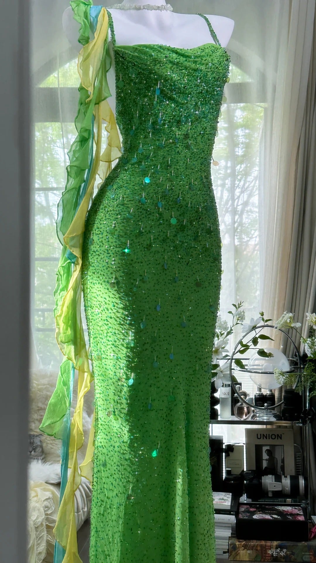 Green Beautiful Charming Fashion Elegant Sparkling Exquisite Sequin Beaded Long Chiffon Ball Gown Evening Gown Birthday Party Gown Prom Gown Graduation Gown gh3946