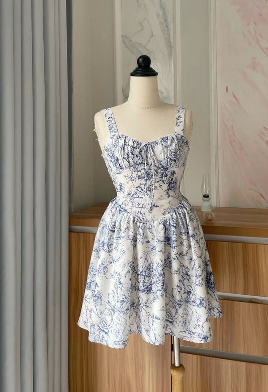 girlhomeshops-- Blue floral elegant short chiffon homecoming dress for women girls garden party dress blue and white porcelain gh5718