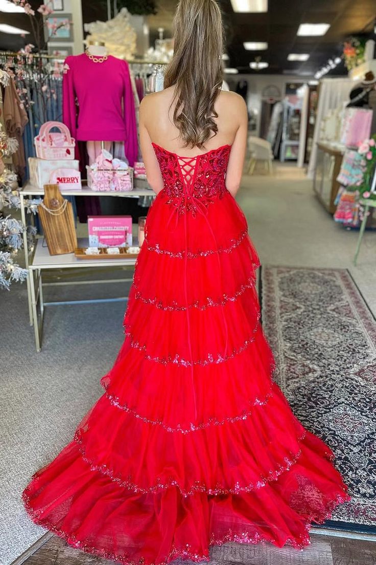 Sequin Strapless Red A-Line Ruffle Prom Dress with Slit