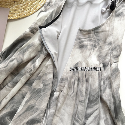Simple Floral Ink-wash Pattern Design A-line Sleeveless Spaghetti Strap Dress HZ1024