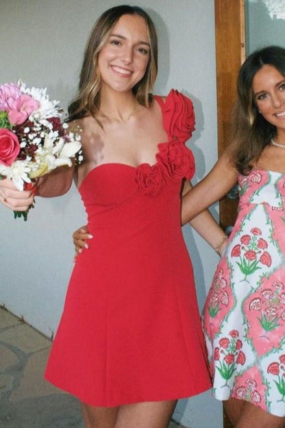 Yellow One Shoulder 3D Flower Sheath Satin Sleeveless Homecoming Dress