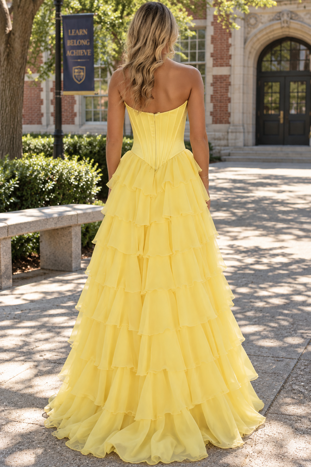 A-Line Strapless V-Neck Tiered Empire-Waist Long Prom Dress