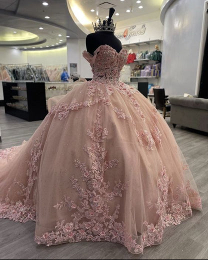 Elegant Pink Applique Sequin Off-the-shoulder Sweet 16 Quinceanera A-Line Floor-length Prom Dress Birthday Dress Evening Dress Ball Gown HZ1024