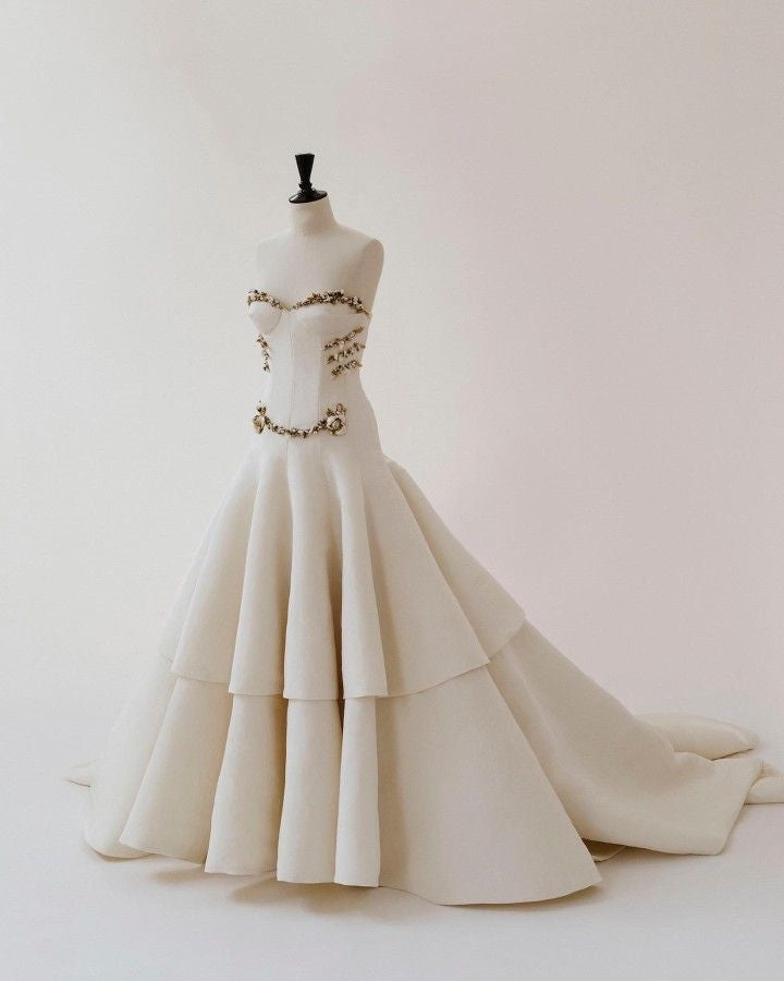 Girlhomeshops-Ivory and Gold Beaded Long Layered Floor-Length Wedding Dress with Train gh5389