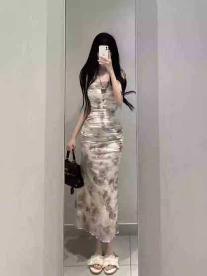 New Fashion Rose Floral Design A-line Sleeveless Spaghetti Strap Dress HZ1024