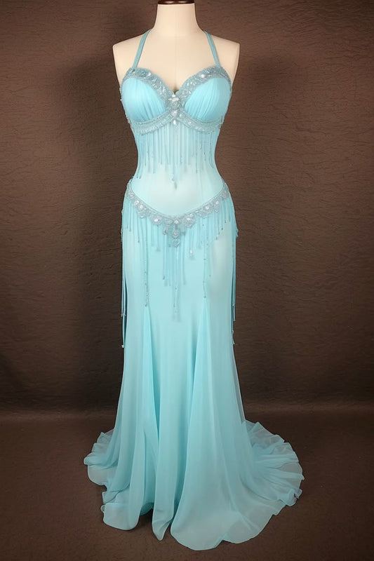 Blue Delicate Beaded Long Chiffon Halter Dress gh6869