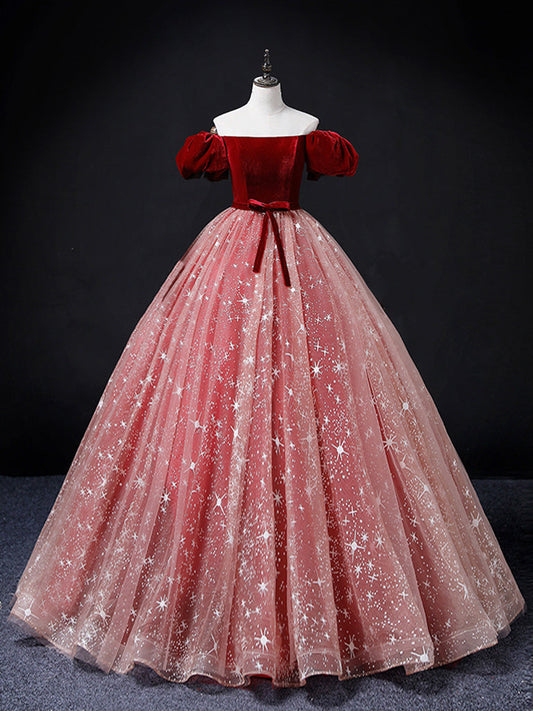 Burgundy/Pink Tulle Velvet Long Prom Dress, Burgundy Formal Dress