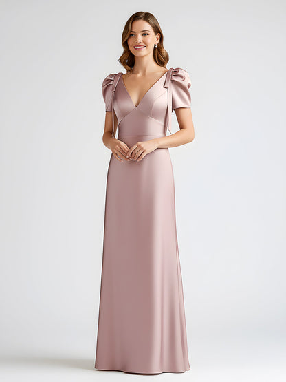 Bow-Detail Short Sleeve Satin Column Maxi Dress Vintage Mauve