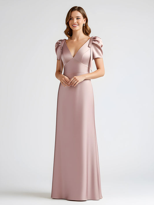 Bow-Detail Short Sleeve Satin Column Maxi Dress Vintage Mauve