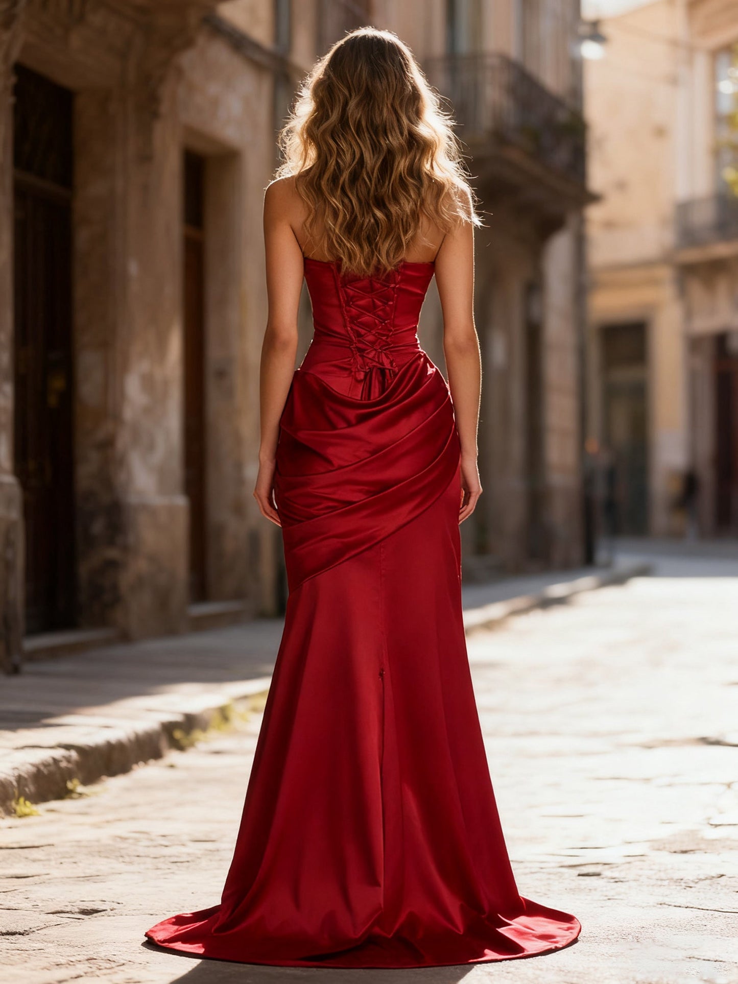 Strapless Ruched Mermaid Gown With Neck Sash Red